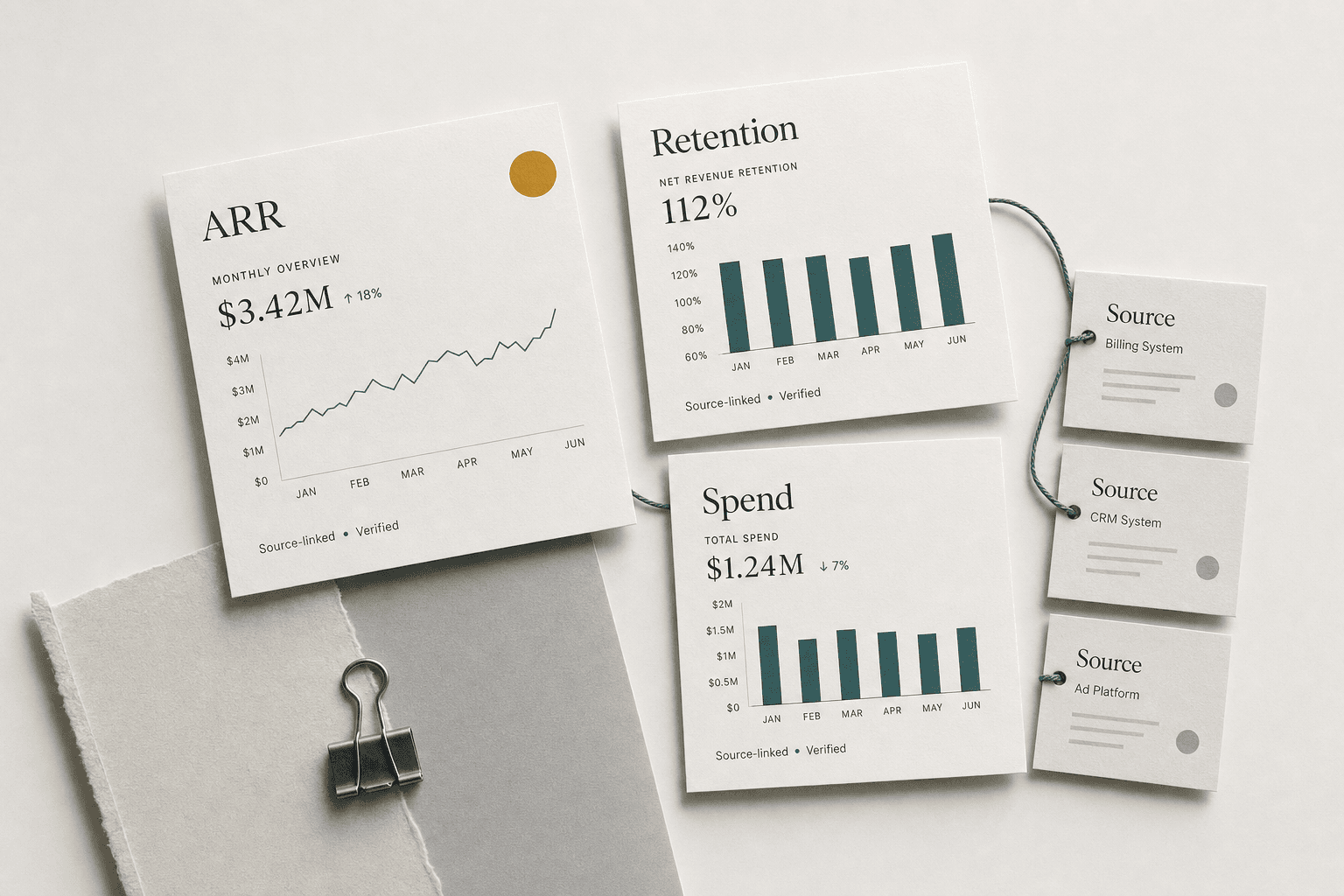 Source-linked metric cards arranged with connecting thread